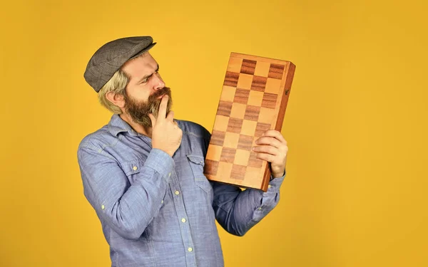 Grandmaster experienced player. Game strategy concept. Chess lesson. Cognitive development. Teacher chess competition. Board game. Bearded man playing chess. Chess figures. Intellectual games