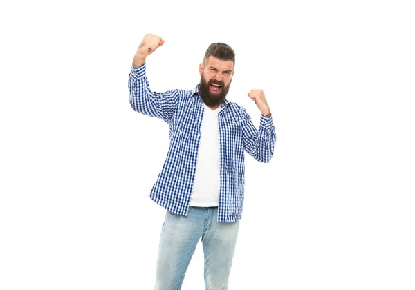 Best day ever. male express emotions. happiness and success. brutal bearded hipster in shirt. — Stock Photo, Image