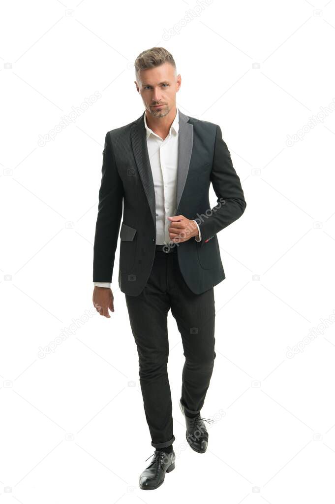 Putting on his business face. Businessman wear suit. Business professional capsule wardrobe