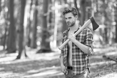 Orman yöneticiliği. Yakışıklı adam baltayı tahtada taşıyor. Ağaç kesme. Orman odunculuğu. Oduncu tarzı. Yaz doğası. Doğa manzarası. Ekoloji ve çevre. Ekosistem fonksiyonları yeniden yükleniyor