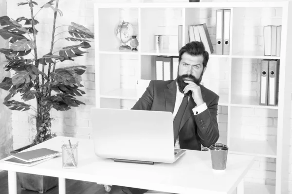 Man ernstige accountant in kantoor online zakelijke laptop, het oplossen van probleem concept — Stockfoto