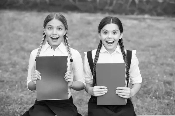 Esperando los resultados del examen. colegialas adolescentes haciendo la tarea. Niños usando copybooks para estudiar. Educación y aprendizaje a distancia para niños. Educación en casa en cuarentena. Cuidado infantil y infancia feliz — Foto de Stock