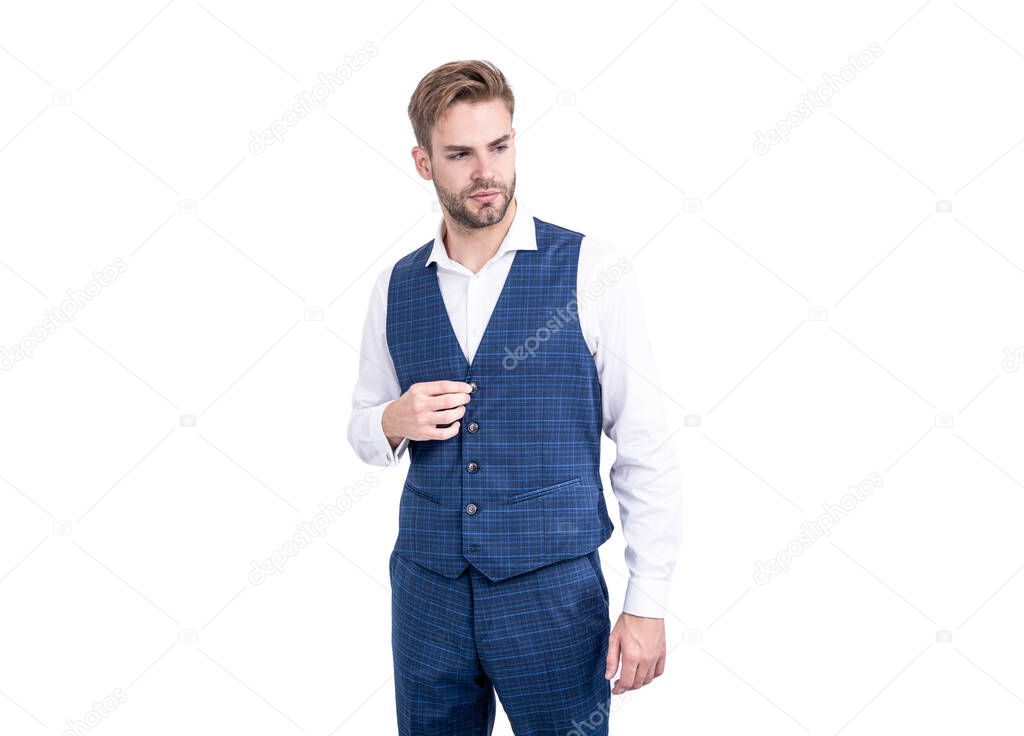 Handsome man wear tailored menswear in formal fashion style isolated on white, bespoke