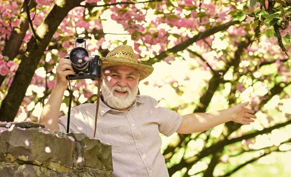 Senior man hold professional camera. Retirement travel. Spring holidays. Travel photo. Photographer in blooming garden. Enjoying free time. Travel and tourism. Capturing beauty. Happy grandfather — Stock Photo, Image