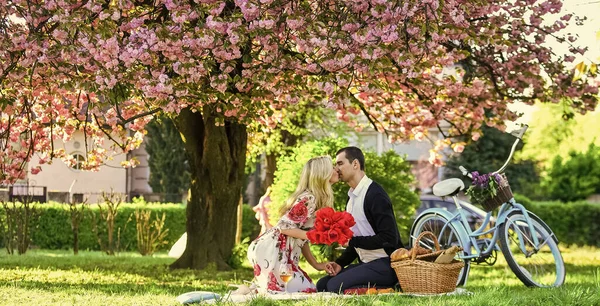 Jedinou a jedinou. šťastný zamilovaný pár. žena a muž ležící v parku a užívající si společný den. Valentýnský piknik. romantický piknik v parku. rande na dece pod sakura květinami. retro kolo — Stock fotografie