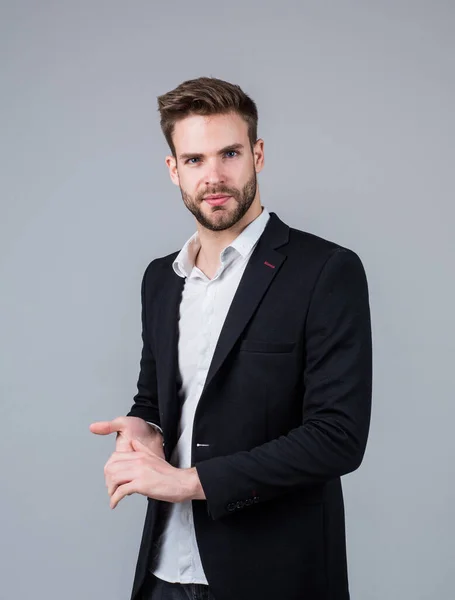 Ambitious. stylish male wear formal clothes. bearded man with business look. fashion and beauty. barbershop concept. mens wear. confident businessman. young handsome guy in office suit — Stock Photo, Image
