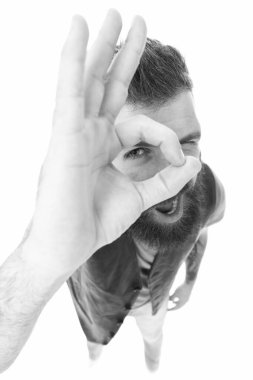 Sorun değil. Sadece bekle ve gör. Sakallı hippi vahşi adam. Ürün tavsiye konsepti. Sakal bakımı. Bıyık ve sakal stili. Moda modası sakal tımar etme. Başarıyı ifade eden adam