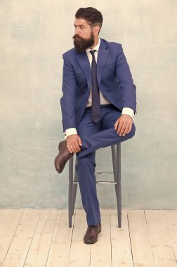 Şık ve resmi. Sakallı adam resmi takım elbise giyer. Zarif avukat sandalyeye oturur. İş toplantısı için giyiniyorum. Resmi bir etkinlik. Resmi moda tarzı. Kıyafet kuralı. Ofis kıyafeti.