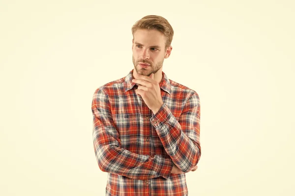 Unshaven and unspoiled. Unshaven guy isolated on white. Handsome man with unshaven face. Bachelor in plaid shirt. Barbershop. Hair salon. Mens grooming habit. Fashion and style. His beard is unshaven — Stock Photo, Image