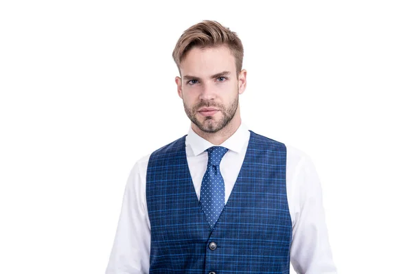 Chico sin afeitar con el pelo elegante en estilo de moda formal aislado en blanco, barbería —  Fotos de Stock