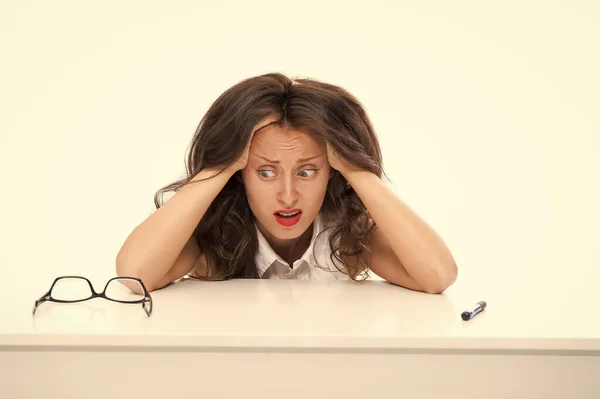 Shocked business woman. full of work. oh my god. stressed with hand on head. shocked with shame and surprise face. angry and frustrated lady. feeling fear and upset for mistake. back to school — Stock Photo, Image