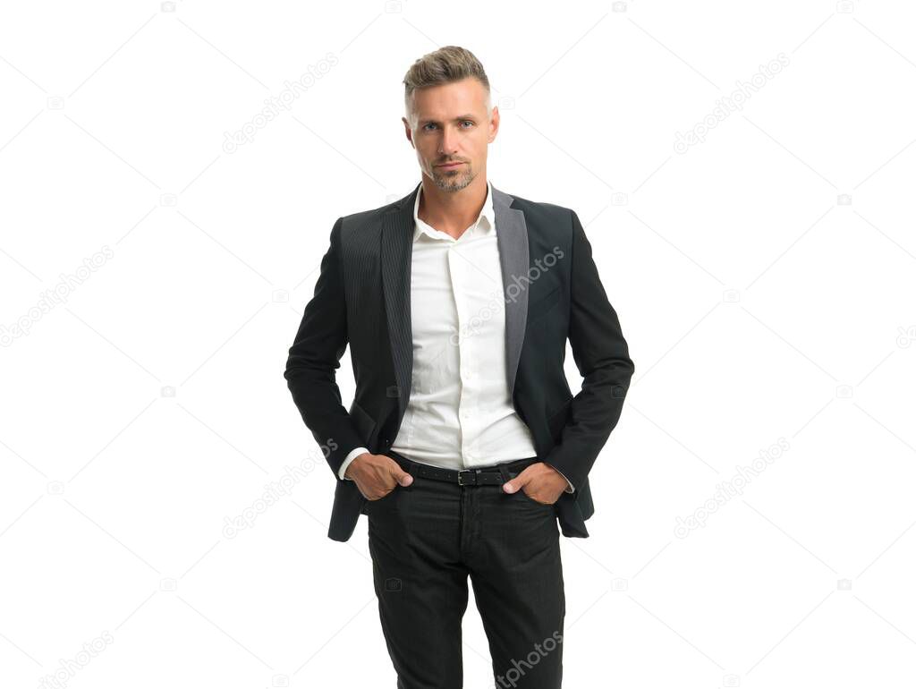 Building stylish wardrobe. Businessman wear suit isolated on white. Capsule wardrobe