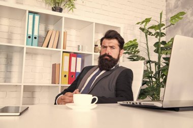 İyi bir kahve olmadan ofis hayatı düşünülemez. Resepsiyon odasında. Saygıdeğer CEO. Yakışıklı patron ofiste oturup kahve içiyor. Rahat çalışma alanı. Sakallı hippi kıyafeti kahve ile rahatlıyor.