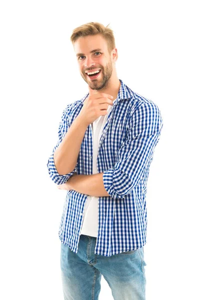 Feliz homem sem barba com penteado na moda e estilo jeans camisa quadriculada isolado no branco, felicidade — Fotografia de Stock