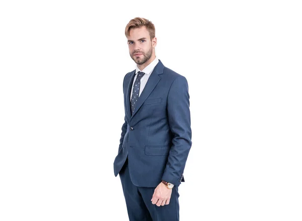 Perfect for office and special occasions. Handsome guy in suit isolated on white. Formal wear. Classy style. Fashion style. Formalwear. Trendy menswear. Suit for busy man. Classical navy — Stock Photo, Image