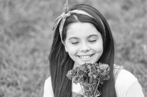 Regalo perfumado de aciano. Chica feliz mantenga ramo de flores al aire libre. Flor presente. Regalo floral para el día de las madres. Un regalo de día para mujeres. Cumpleaños aniversario. Celebración festiva. Floristería — Foto de Stock