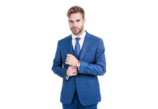 Suiting trend. Broker wear classic navy suit. Being in line with latest fashion trend — Stock Photo, Image