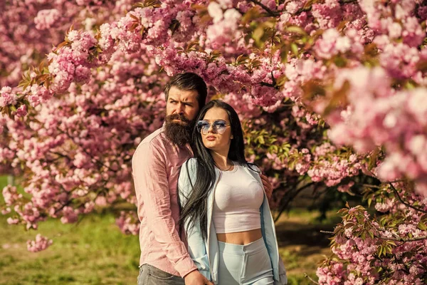 Primavera rosa sakura flor. homem e mulher em pé debaixo da árvore sakura. amantes apreciando vista da flor de cereja. flores florescentes no ramo. Encontro romântico. amor e romance. Adorável jovem casal — Fotografia de Stock