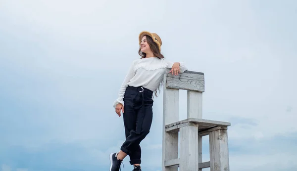 Confident and stylish beauty. feel so carefree. cheerful kid with long hair. — Stock Photo, Image