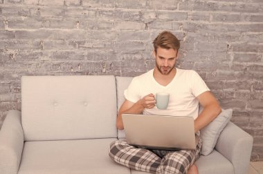 Evde kal. Sosyal uzaklık. Adam bilgisayarda çalışıyor. Çevrimiçi kurslar. Çevrimiçi iletişim kavramı. Evde eğitim. İnternetten alışveriş. Adam bilgisayar gevşetici kanepe kullanıyor. Evden çalışıyorum. Kişisel tecrit