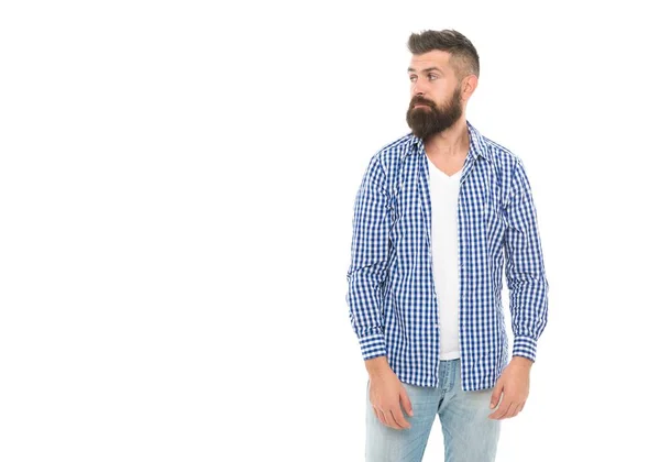 Serious bearded man in casual checkered shirt looking on copy space isolated on white, sales — Stock Photo, Image