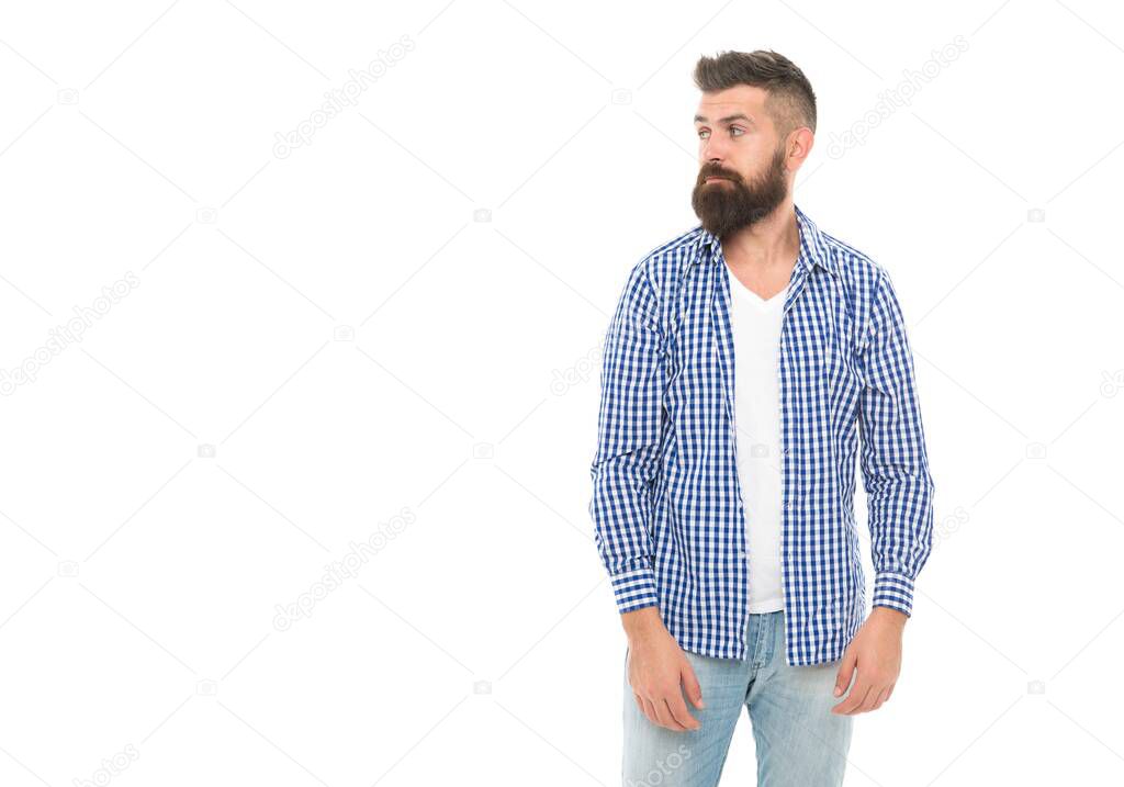 serious bearded man in casual checkered shirt looking on copy space isolated on white, sales