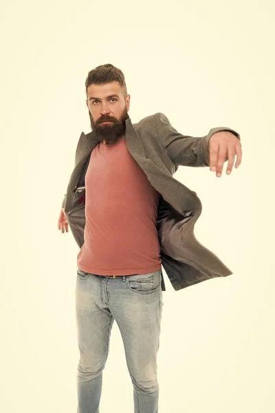 Looking stylish through the autumn. Fashionable hipster with beard and moustache following autumn trends. Fashion guy wearing warm autumn coat with casual jeans. Bearded man in autumn fashion clothes — Stock Photo, Image