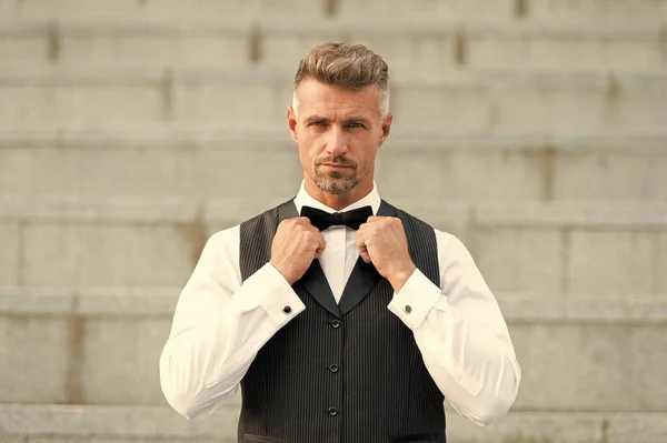 Perfect bow tie. Gentleman modern style. Guy well groomed handsome bearded gentleman macho wear shirt and vest. Barber shop for groom. Confidence in his glance. Restaurant waiter. Elegant gentleman — Stock Photo, Image