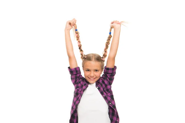 Long and plaited. Happy small girl hold long blond braids. Adorable little child smile with long plaited hair. Long hair growth stimulant. Beauty salon. Kids barber — Stock Photo, Image