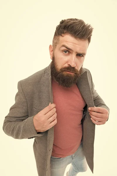 Elegante atuendo casual. Chaqueta de moda con estilo hipster barbudo. El hombre usa chaqueta casual. Consulta de estilista. Armario masculino. Traje moderno. Prefiero el estilo casual. Ropa de hombre y concepto de moda — Foto de Stock