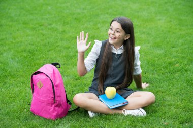 Okul üniformalı mutlu çocuk jest yapıyor. Yeşil çimlerde kitap ve elmayla rahatlıyor. Eğitim.