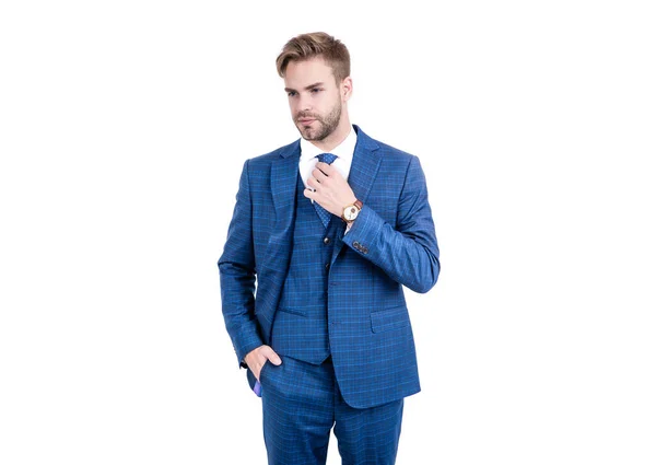 Biznesmen nosić niebieski trzyczęściowy garnitur z krawatem w formalnym stylu mody, biznes — Zdjęcie stockowe