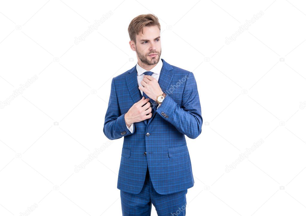 Handsome professional wear classic blue suit and tie formalwear, dressing for success.