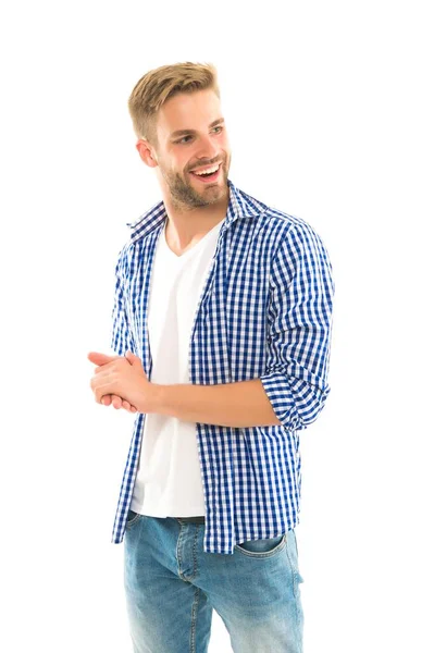 Jóvenes y despreocupados. chico sin afeitar ha arreglado el pelo aislado sobre fondo blanco. concepto de servicio de peluquería. cuidado de la piel y el cabello. joven guapo usar camisa a cuadros. estilo casual de moda masculina — Foto de Stock