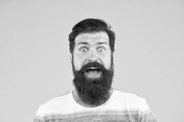 Bu ne sürpriz. Parlak bir hayat. Sarı arka planda vahşi sakallı adam. Erkek yaz modası. Olgun hipster 'ın mükemmel bıyığı var. Mutlu görünümlü bir adam. Erkek berber bakımı. Berber dükkanında stil kazan