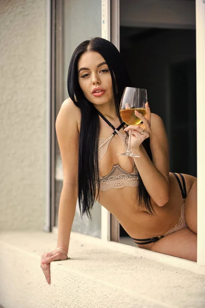 Body of a woman in sexy lingerie with wine glass. beautiful sexy girl with glass of wine. Hot lady in lace lingerie. sexy lace lingerie. Woman seductive model enjoy wine. Seminude girl with alcohol — Stock Photo, Image