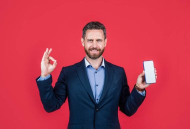 Başarılı erkek CEO. Güven ve başarı. Ofis çalışanı telefonu kullanır. Tamam jest.