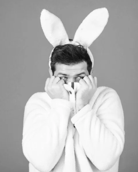 Easter bunny. White bunny symbol of easter holiday. Soft and tender. Guy with long bunny or rabbit ears on violet background. Enjoy tenderness. Cute bunny. Man handsome face wear white bunny ears