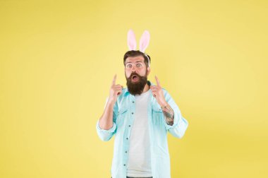Bir fikrim var. Uzun tavşan kulakları. Sakallı adam Paskalya tavşanı kostümü. Paskalya tavşanı ya da tavşan. Paskalya partisi için giyinmiş bir hippi. Doğurganlığın ve baharın Paskalya tavşanı. Eğleniyorum. İlham konsepti