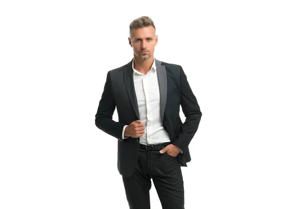 Hombre serio de la ley llevar traje formal con aspecto clásico aislado en blanco, abogado —  Fotos de Stock