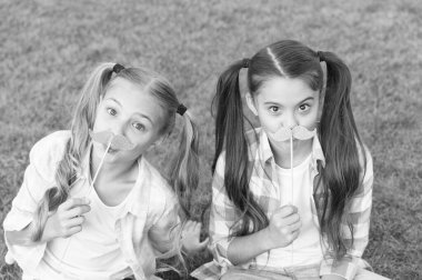 Partiye hazırız. Küçük çocuklar bıyıklı, yeşil çimenli. Çubuklarda fotokopi seti olan küçük kızlar. Parti malzemeleri ve aksesuarları. Kutlama için mükemmel aksesuarlar. Yaz tatili