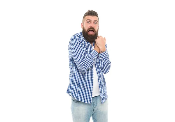 What a great surprise. amazement. hipster is afraid of something. scared bearded man — Stock Photo, Image