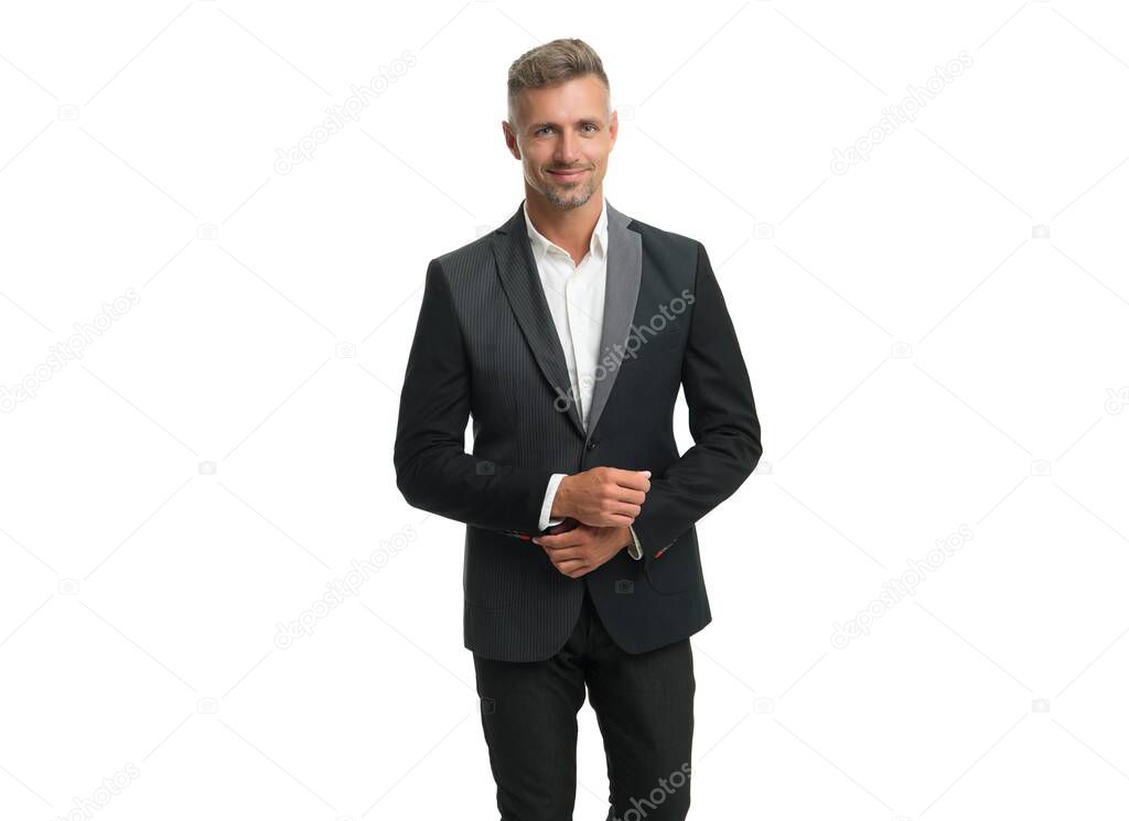 Professional man smile wearing fashion suit in formal style, formalwear, copy space