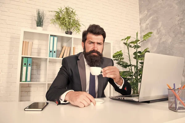 Discuta los negocios con café. Un director respetable. Un jefe guapo se sienta en la oficina bebiendo café. Cómodo espacio de trabajo. Traje formal hipster barbudo relajándose con café. Rutinas de vida de oficina. Buenos días. — Foto de Stock