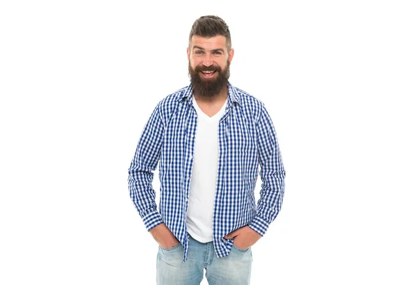 Boldog szakállas férfi alkalmi kockás ing elszigetelt fehér, pozitív érzelmek — Stock Fotó