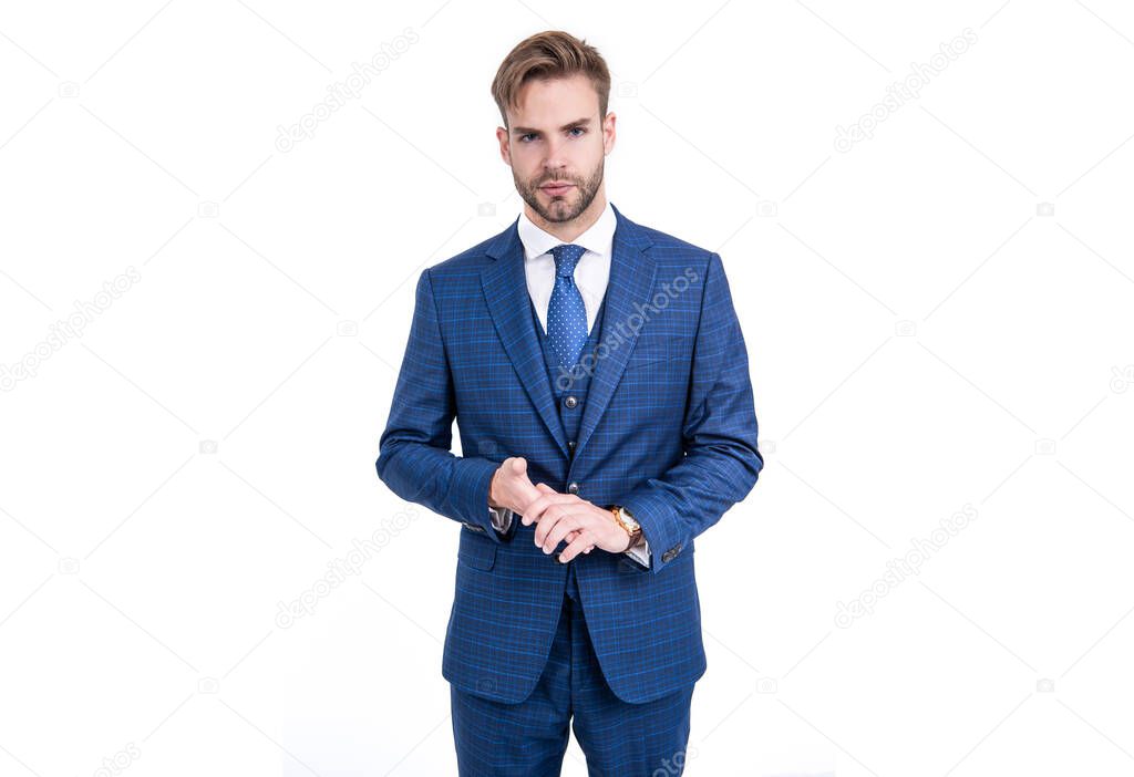 Speaker wear fashion blue suit with necktie in formal business style formalwear, classy