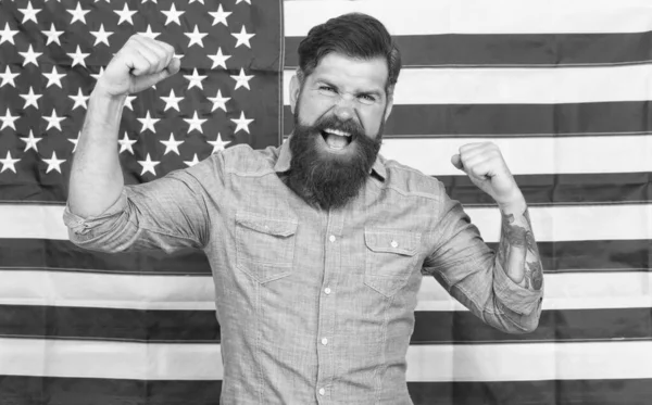 Man well groomed hipster stylish appearance american flag background, successful person concept — Stock Photo, Image