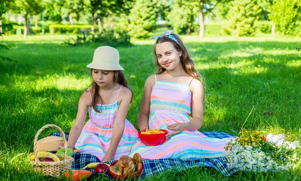 Heureux les petits enfants apprécient le repas de pique-nique sur l'herbe verte sur le paysage ensoleillé d'été, journée des enfants — Photo