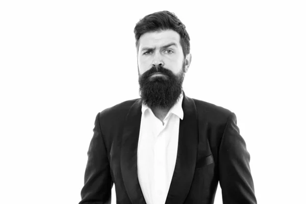 Barber majd vigyáz rád. Szakállas férfi elszigetelve a fehérektől. Hipster ápolt szakállas hajjal. Bajuszborbély. Borbélyszolgáltatás. Borbélyüzlet és borbélyüzlet. Férfi ápoló termékek. Vágás és borotválás — Stock Fotó