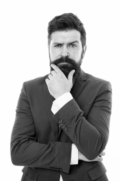 Barba ou não barba. Barba de toque hipster grave isolado em branco. Advogado com bigode em forma e barba. Barbearia. Em barbeiros. Produtos de cabeleireiro. Cosméticos para cuidados com a pele — Fotografia de Stock